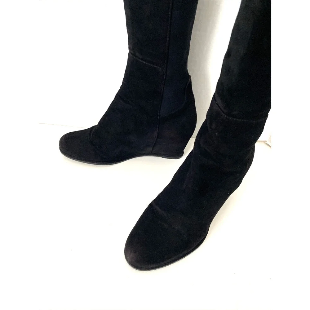 Stuart Weitzman Semi Boot Tall Stretch Back Suede Wedge Round Black OTK 5